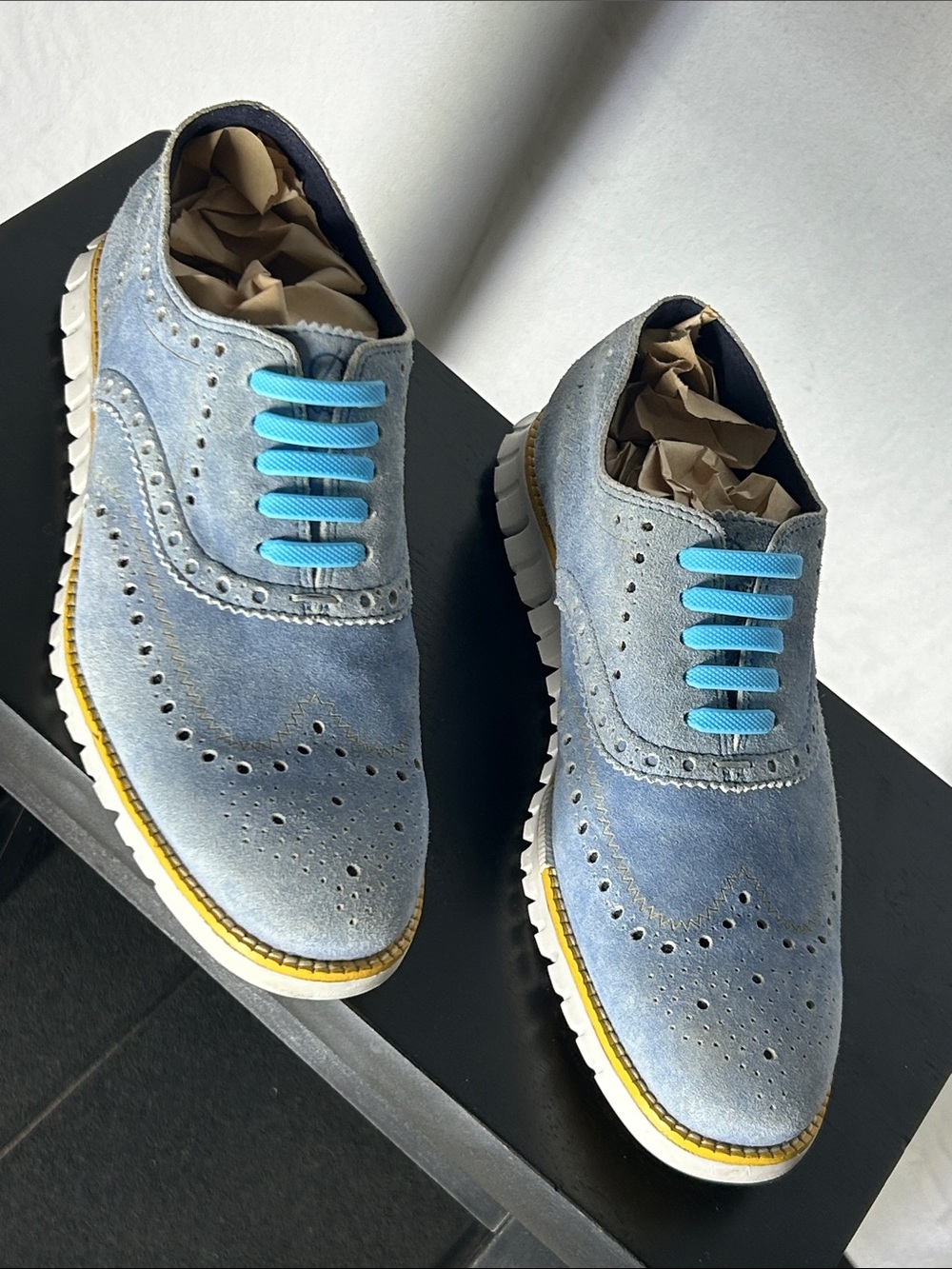 Cole Haan Light Blue Suede Wingtip Oxfords with Bright Blue Laces
